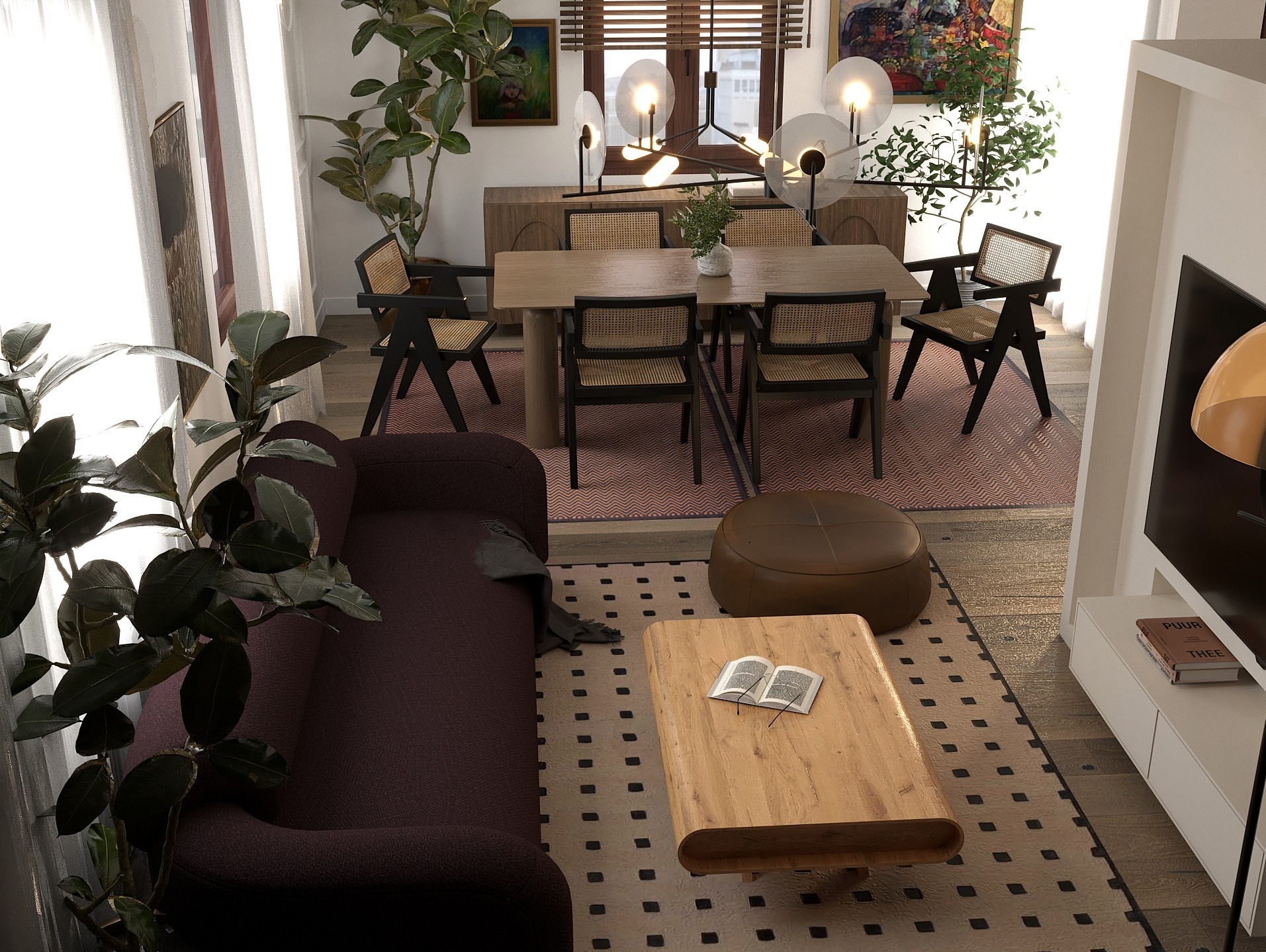 Jasne wnętrze z drewnianym stołem i krzesłami w stylu retro, uzupełnione roślinami doniczkowymi i miękką sofą. Całość oświetlona nowoczesnymi lampami.