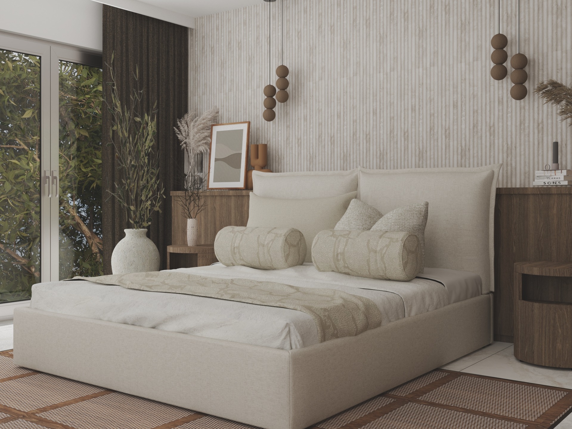 Jasna sypialnia w stylu boho z beżowym łóżkiem, drewnianymi szafkami nocnymi i dekoracjami z suszonych traw. Uwagę zwracają okrągłe poduszki i lampy.