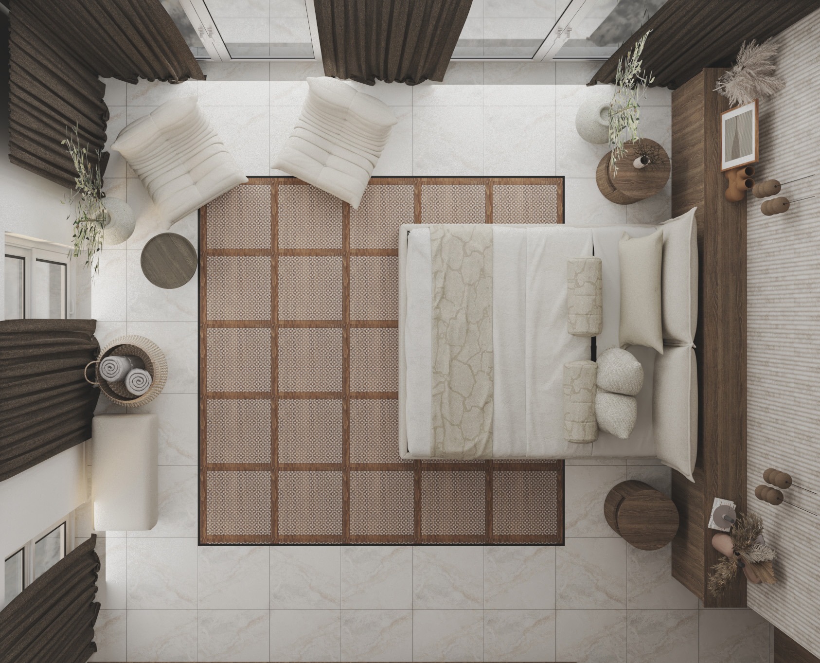 Wnętrze sypialni w stylu boho z widokiem z góry. Łóżko na tle plecionej, kwadratowej struktury dywanu, drewniane elementy, beżowa kolorystyka, marmurowe płytki podłogowe.