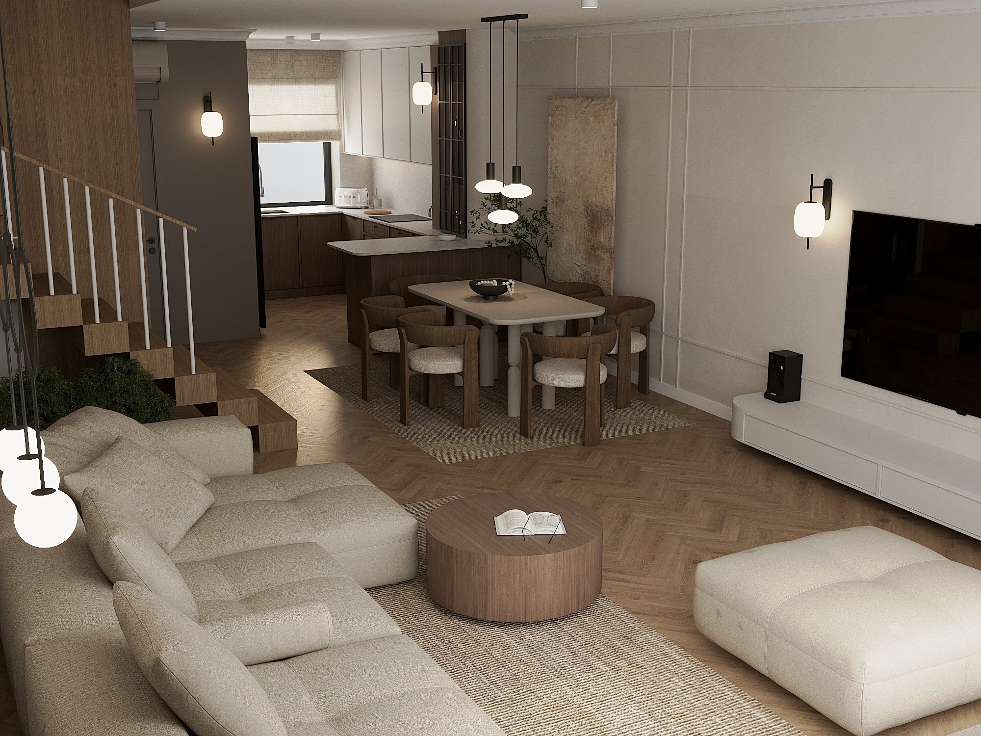 Jasne, przestronne wnętrze: salon z sofą modułową, jadalnia z drewnianym stołem i krzesłami, parkiet w jodełkę. Minimalistyczny design, ciepłe światło, książka na stoliku kawowym.