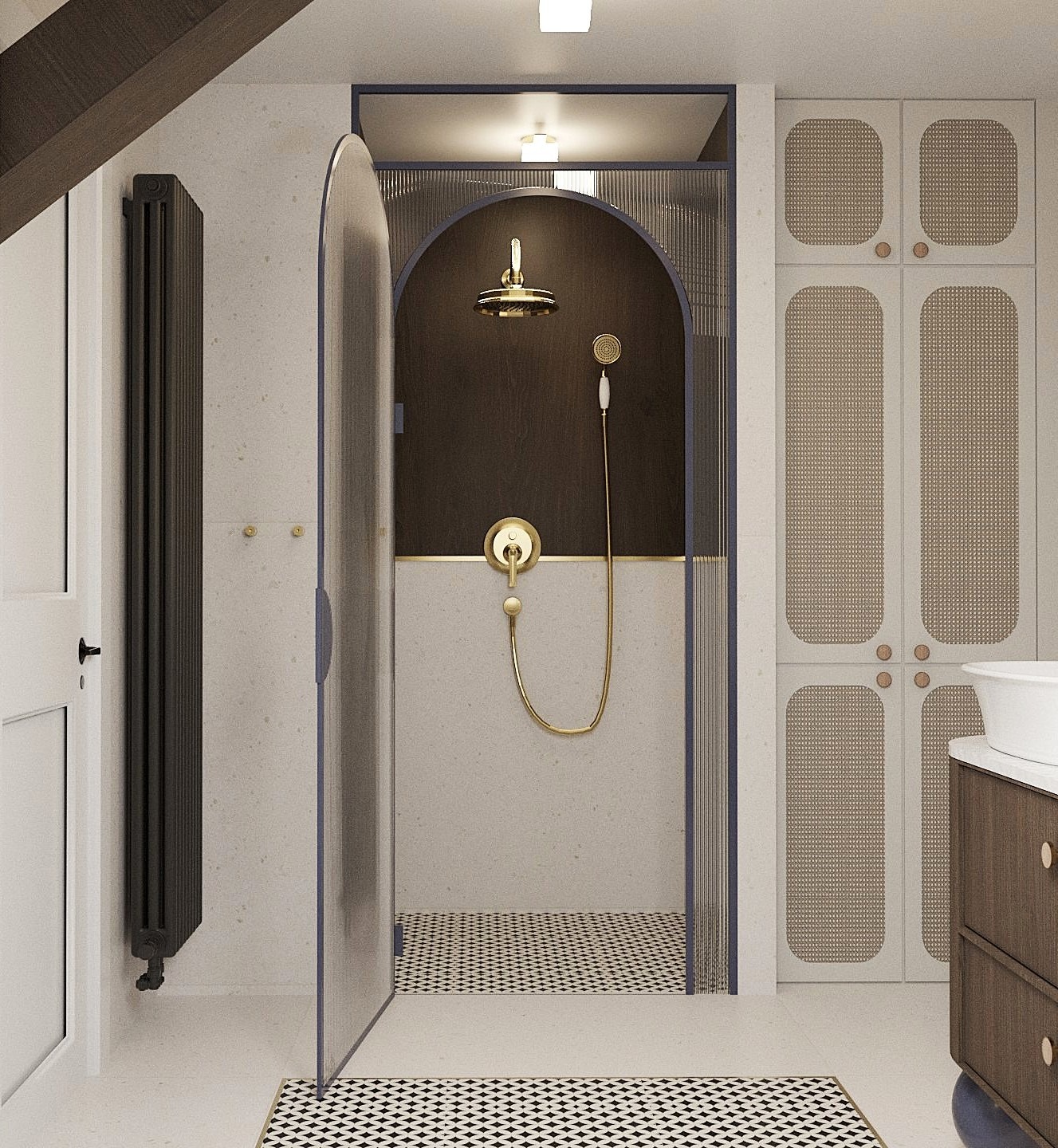 Nowoczesna łazienka na poddaszu z kabiną prysznicową w stylu art déco, czarno-białą mozaiką na podłodze i złotą armaturą. Minimalistyczny grzejnik i szafki.