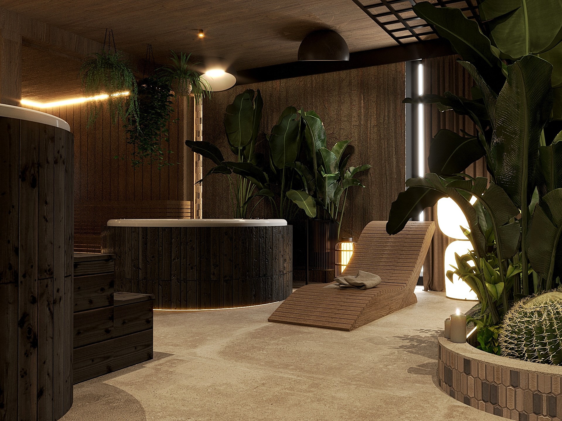 Stylowa aranżacja wnętrza spa z drewnianą wanną, leżanką, roślinami i oświetleniem. Przytulna atmosfera relaksu w nowoczesnym wydaniu.
