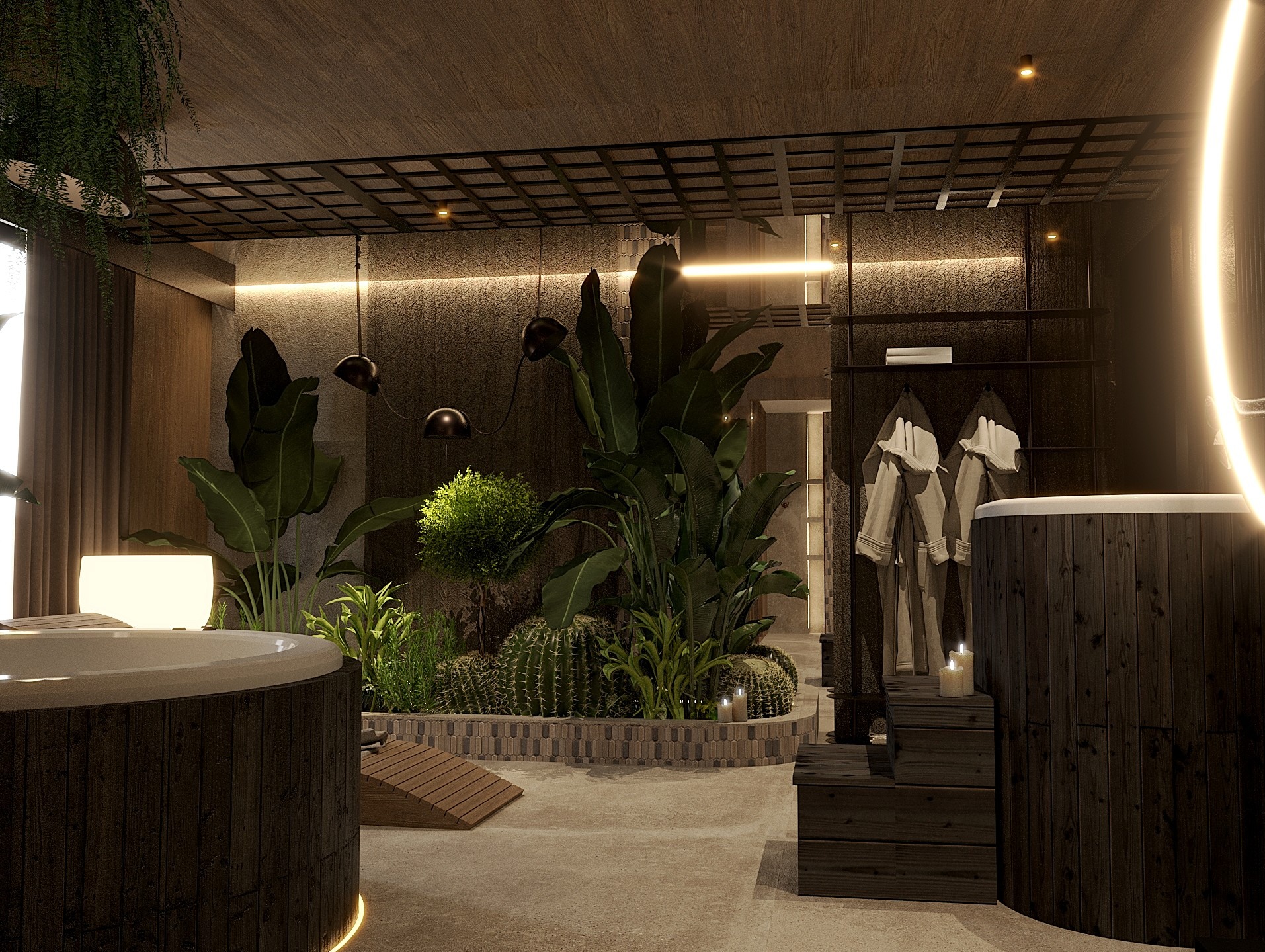Luksusowa łazienka z jacuzzi obudowanym ciemnym drewnem, otoczona zielenią, kaktusami i oświetlona ciepłym światłem. Elementy wystroju w stylu spa.
