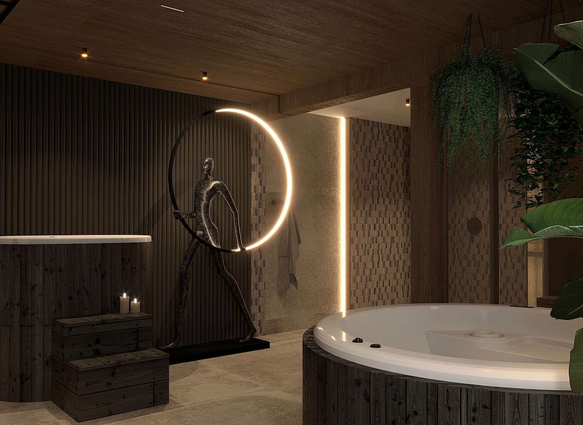 Nowoczesna łazienka z drewnianymi panelami, okrągłą wanną i podświetlaną dekoracją. Minimalistyczny design z roślinami doniczkowymi.