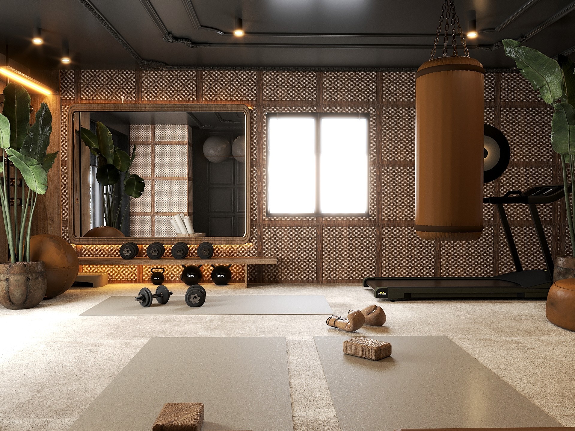 Stylowa aranżacja domowej siłowni z workiem bokserskim, bieżnią, hantlami i matami do ćwiczeń. W tle dekoracyjna ściana i lustro.