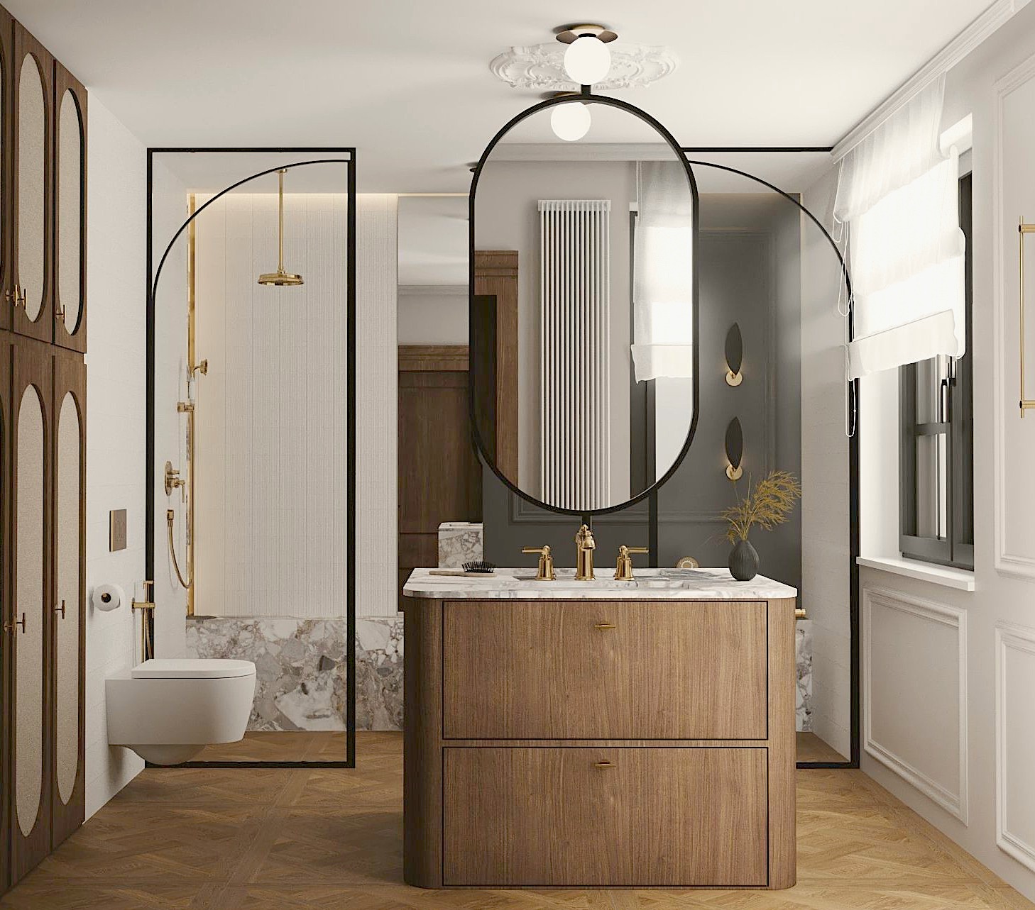 Elegancka łazienka z drewnianą szafką pod umywalką, kabiną prysznicową w czarnej ramie i owalnym lustrem. Parkiet w jodełkę i stonowana kolorystyka.