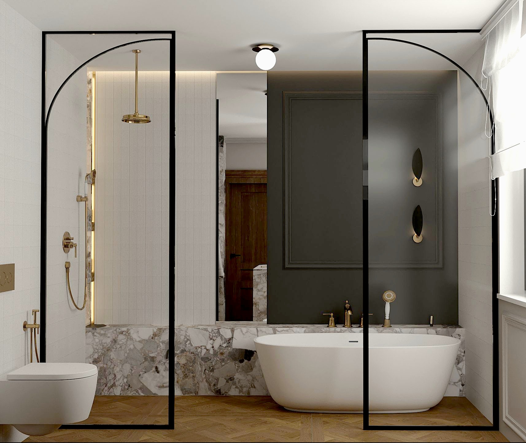 Elegancka łazienka z wolnostojącą wanną, marmurowym wykończeniem i złotą armaturą, oddzielona czarnymi, łukowatymi przeszkleniami. Parkiet w jodełkę.