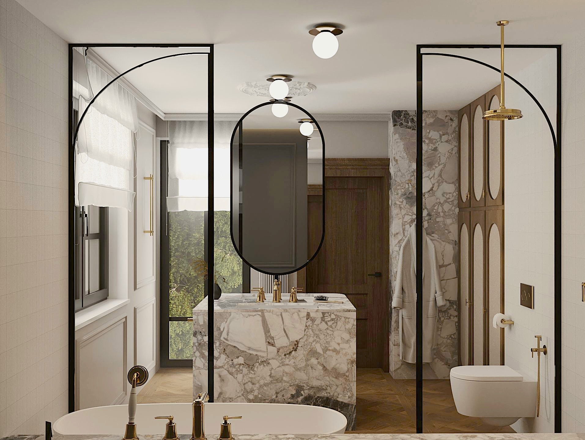 Elegancka łazienka z marmurową umywalką, złotą armaturą i kabiną prysznicową z czarnymi ramami. Widoczne okno i drewniane drzwi. Nowoczesny design.