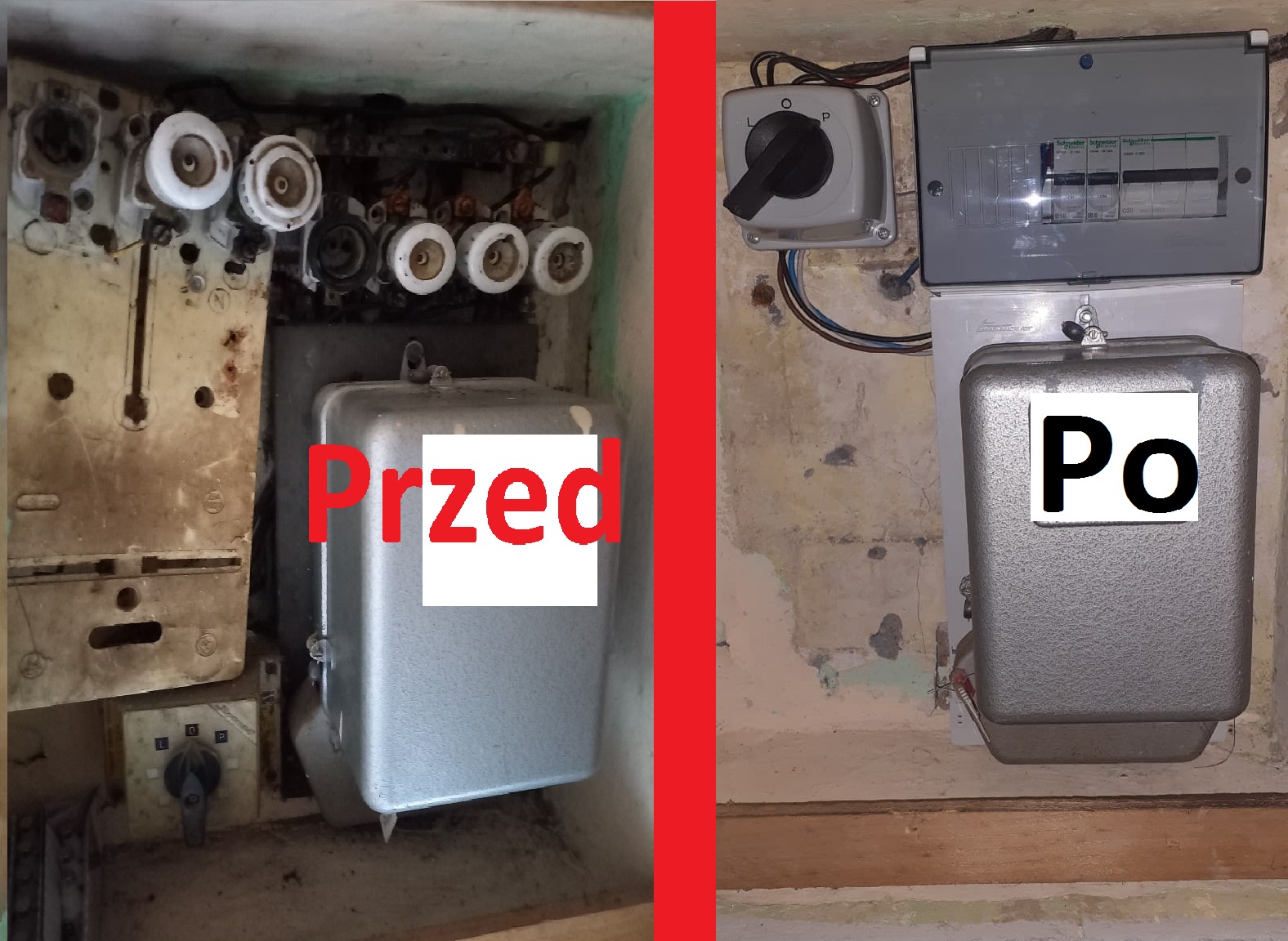 Porównanie stanu licznika elektrycznego i skrzynki bezpiecznikowej przed i po wymianie. Po lewej stara instalacja z bezpiecznikami topikowymi, po prawej nowa z wyłącznikami nadprądowymi.