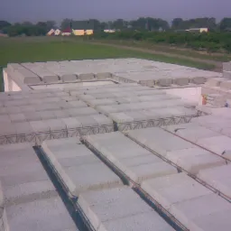 Wznoszenie stropu Teriva z belek kratownicowych i betonowych pustaków na budowie domu jednorodzinnego na tle zielonego pola i zabudowań wiejskich.