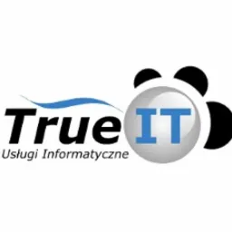 Logo firmy True IT Usługi Informatyczne, z nazwą w kolorze czarnym i niebieskim, stylizowane na pandę z chmurą w tle.