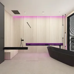 Nowoczesna łazienka z podświetleniem LED w kolorze fioletowym, minimalistyczna czarna wanna wolnostojąca, drewnopodobne panele ścienne i czarne elementy armatury.
