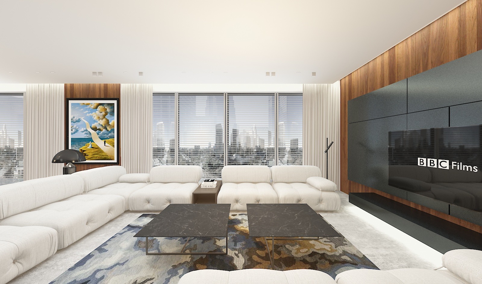 Jasne, przestronne wnętrze salonu z modułową sofą w odcieniach bieli, dwoma stolikami kawowymi z marmurowymi blatami na wzorzystym dywanie, telewizorem w zabudowie z drewnianymi panelami i widokiem...
