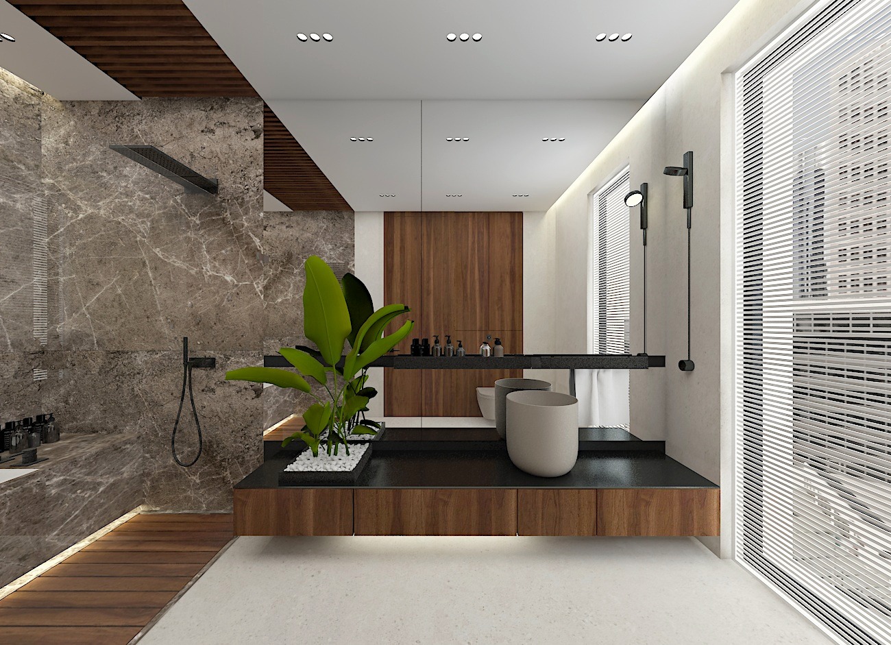 Nowoczesna łazienka z marmurową ścianą prysznicową, drewnianą podłogą i blatem, minimalistyczną armaturą w kolorze czarnym oraz rośliną doniczkową w białym żwirze.