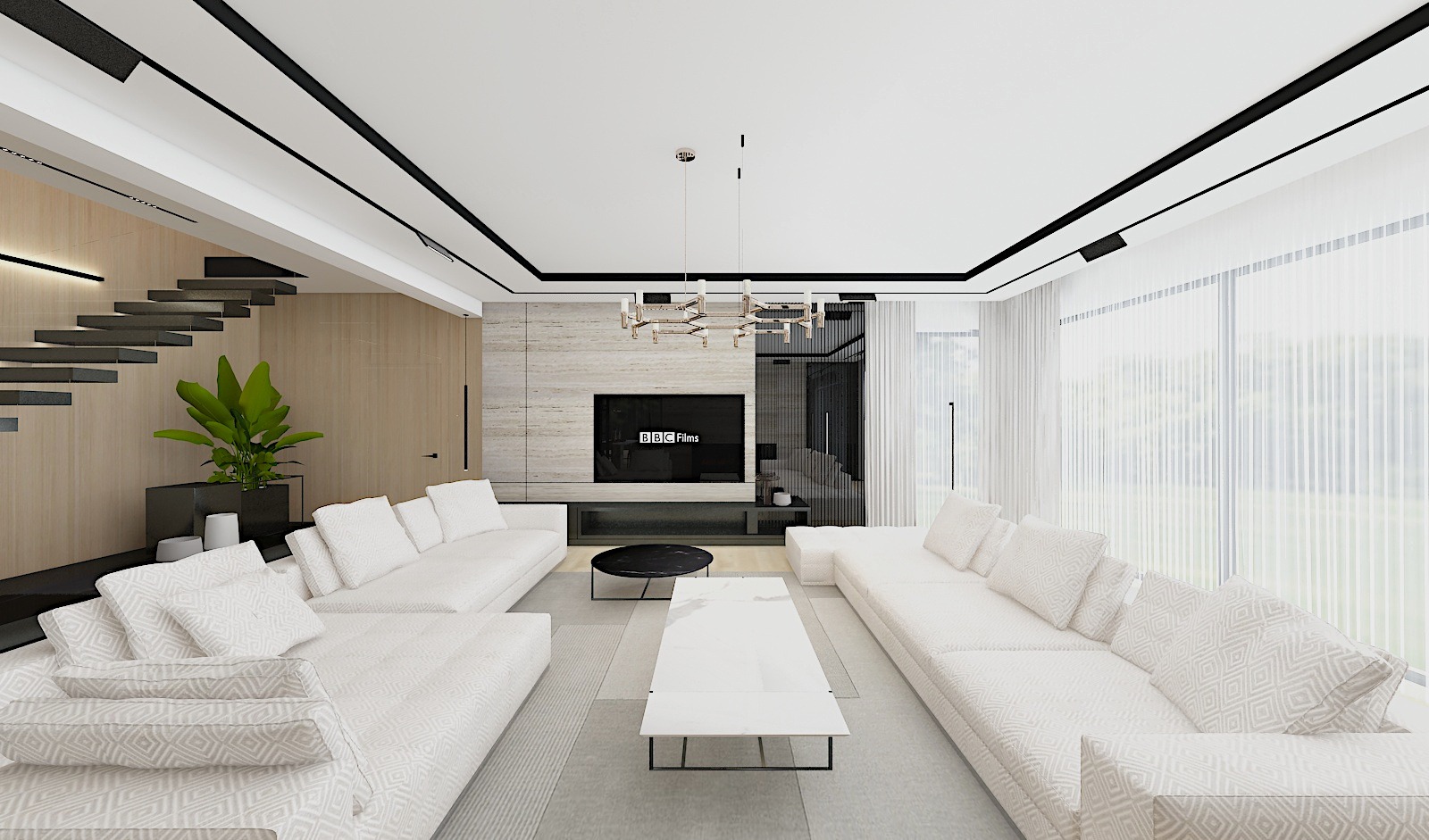 Nowoczesny salon z białymi sofami modułowymi, minimalistycznym oświetleniem i schodami z drewnianą okładziną, widok na telewizor z logo BBC Films.