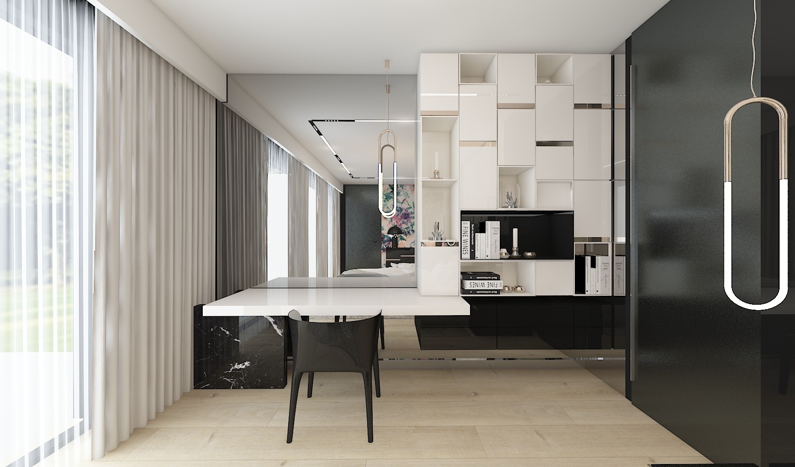 Nowoczesne wnętrze: białe biurko z marmurowym bokiem, czarne krzesło, regał z białymi szafkami i czarnymi wstawkami, wisząca lampa w kształcie podkowy, widok na sypialnię z łóżkiem i kwiatową...