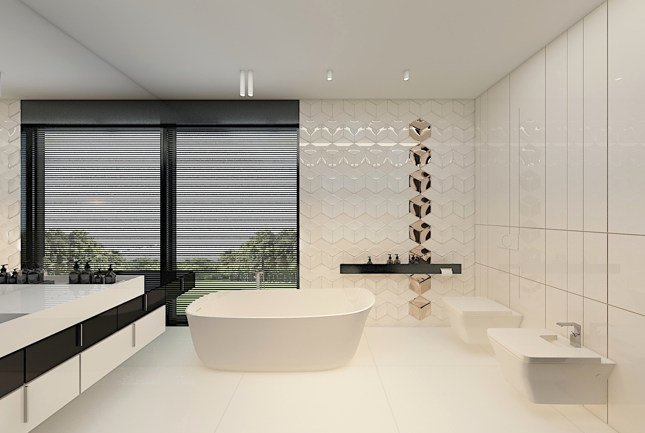 Nowoczesna łazienka w bieli z czarnymi akcentami, wolnostojąca wanna, geometryczne płytki i dekoracja z metalowych sześcianów, widok na zieleń za oknem.