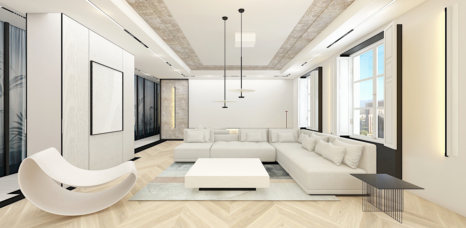 Nowoczesny salon z białym narożnikiem, stolikiem kawowym i designerskim fotelem na tle parkietu w jodełkę, oświetlony wiszącymi lampami i listwami LED.