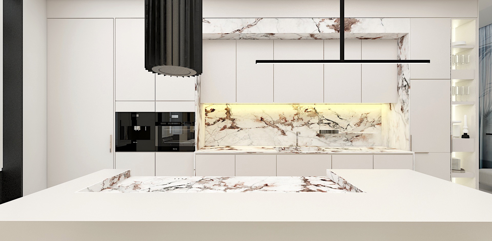 Nowoczesna kuchnia w bieli z marmurowym blatem i podświetleniem, minimalistyczna lampa sufitowa i czarny okap cylindryczny.