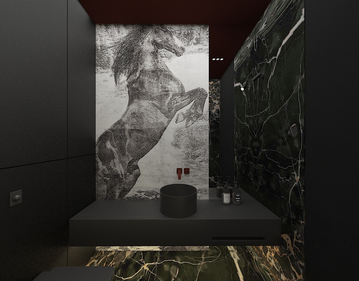Czarno-zielona łazienka z marmurową ścianą, umywalką w kształcie walca i grafiką konia na ścianie.