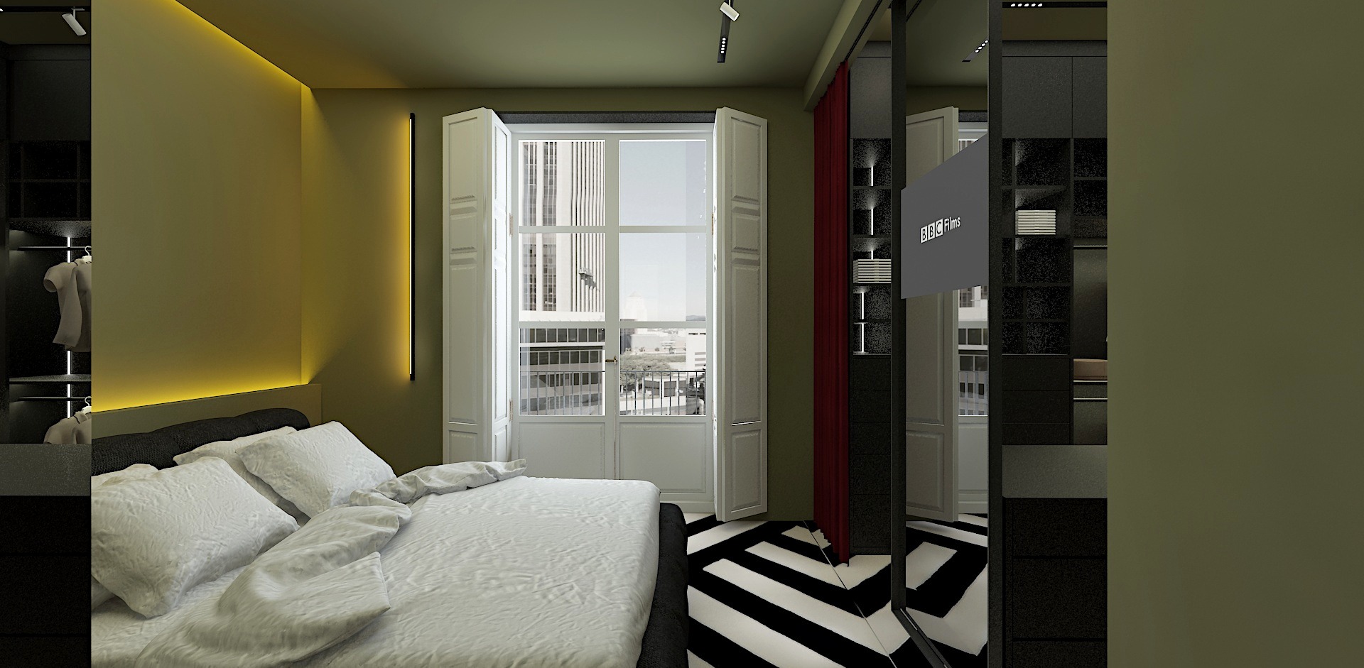 Wizualizacja sypialni w odcieniach zieleni z łóżkiem z szarą ramą i białą pościelą, oknem z białymi okiennicami z widokiem na miasto, czarno-białą podłogą w zygzaki oraz czarną szafą...