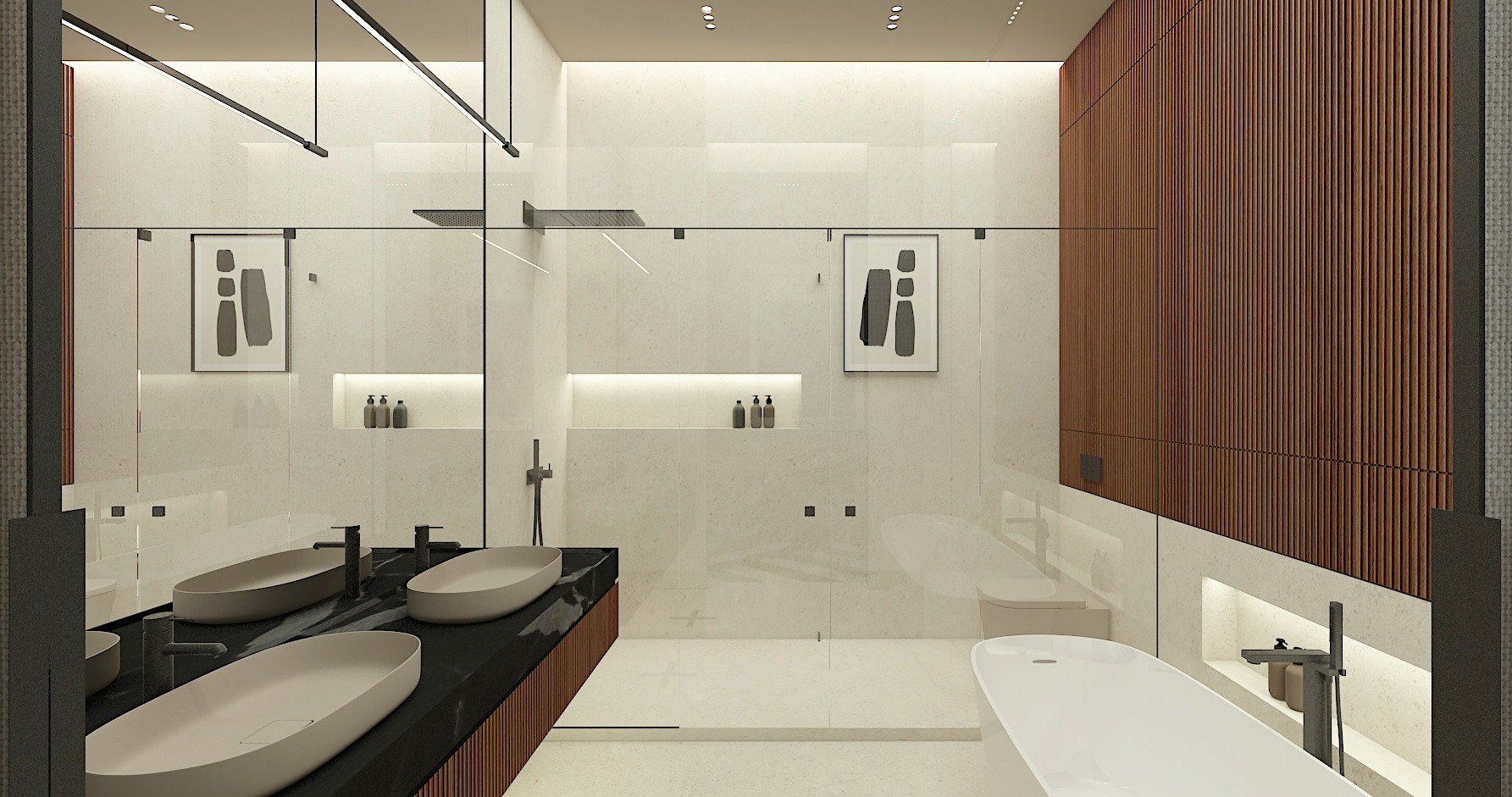 Nowoczesna łazienka z podwójną umywalką nablatową, czarnym blatem, drewnianą ścianą z pionowych listew i dużą kabiną prysznicową typu walk-in oraz wolnostojącą wanną.