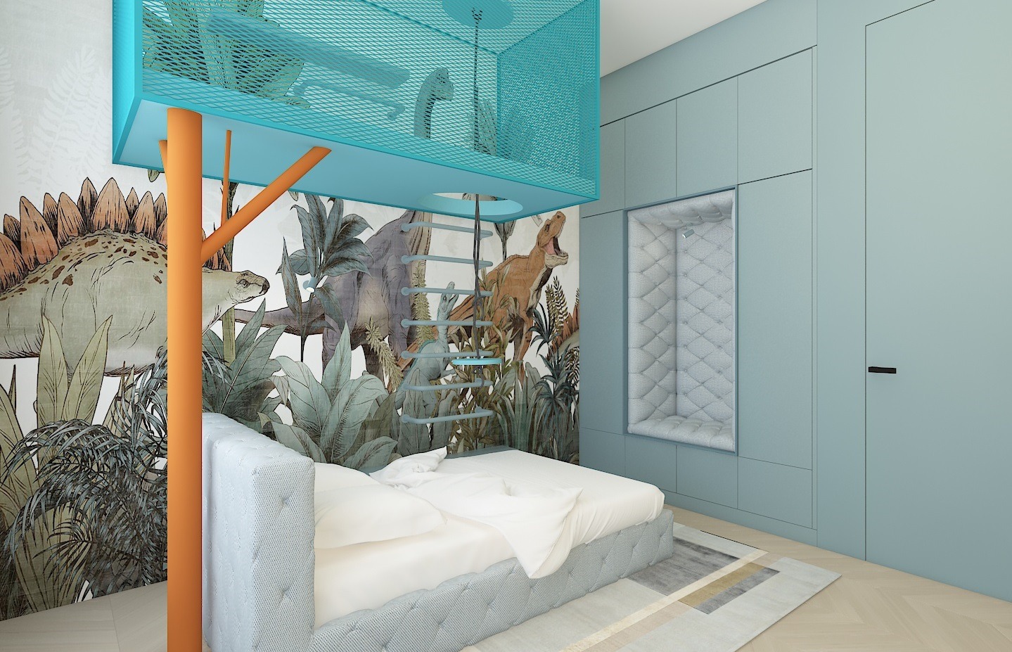 Pokój dziecięcy w Krakowie z łóżkiem na antresoli, drabinką i tapetą w motywy prehistoryczne z dinozaurami, utrzymany w odcieniach błękitu i pomarańczy.