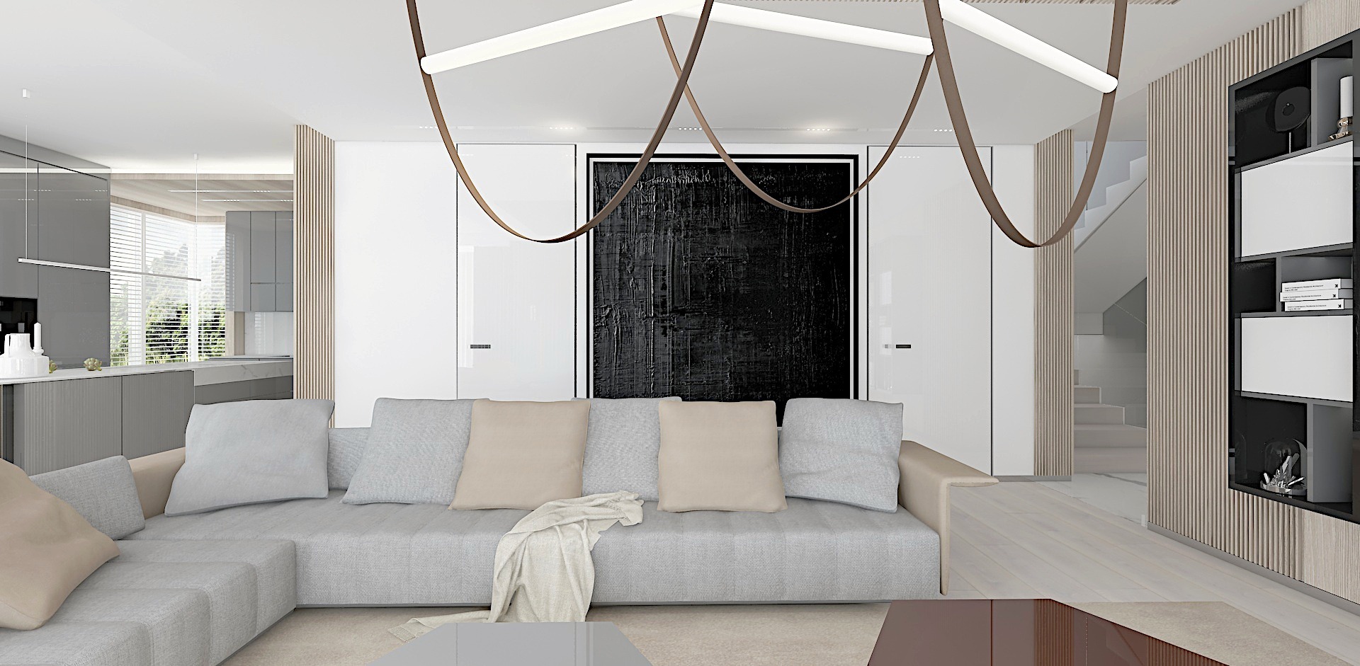 Nowoczesny salon z szarym narożnikiem, beżowymi poduszkami, czarnym abstrakcyjnym obrazem i designerską lampą wiszącą z elementami skórzanymi