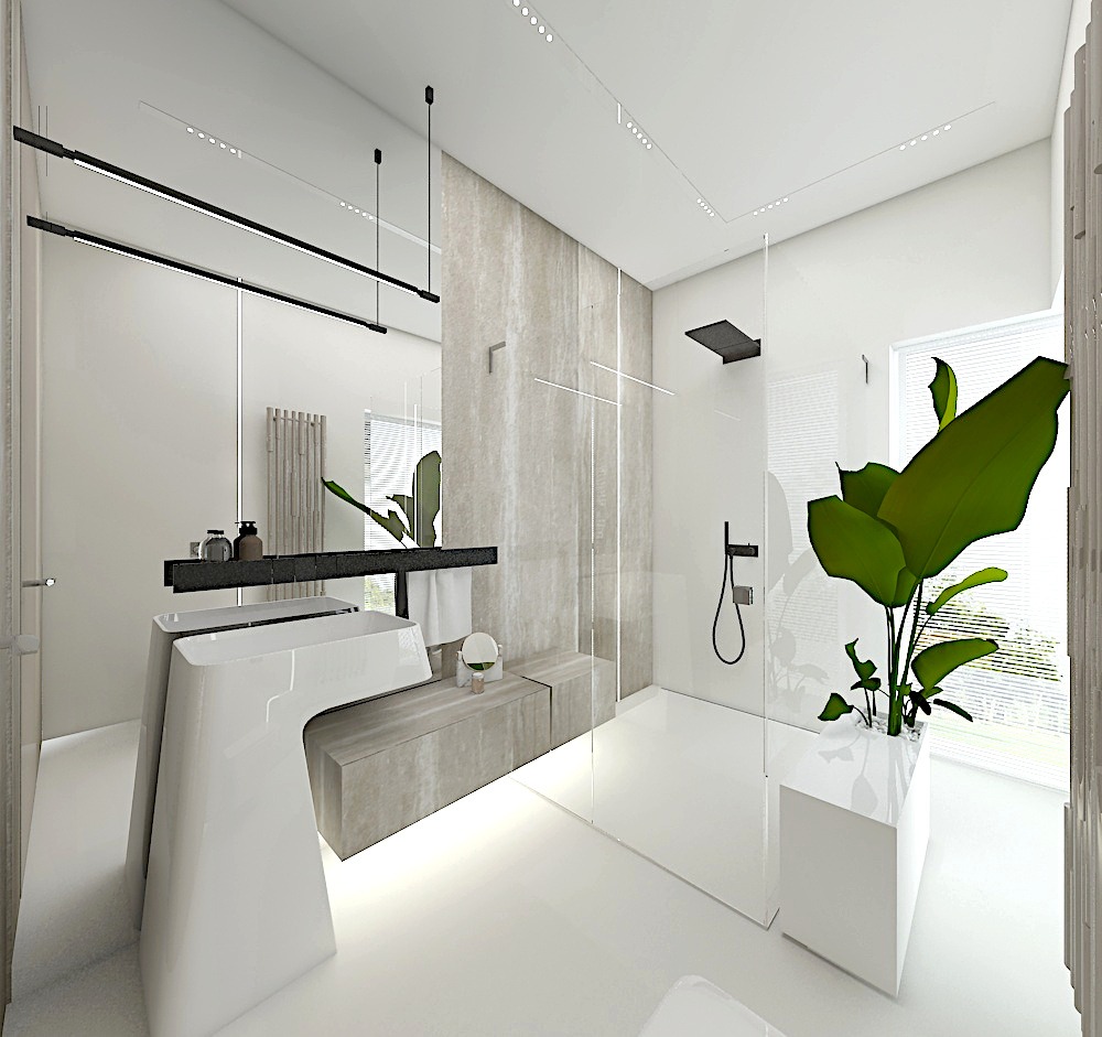 Nowoczesna łazienka z białą umywalką o futurystycznym kształcie, betonową półką, szklaną kabiną prysznicową i dużą rośliną doniczkową w białej donicy, oświetlona listwami LED.