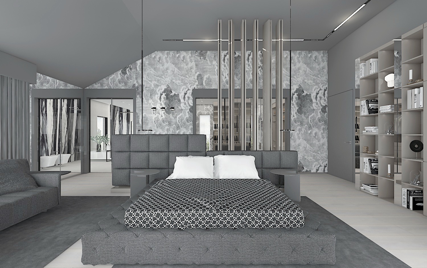 Nowoczesna sypialnia w odcieniach szarości z łóżkiem typu platforma z pikowanym zagłówkiem i geometrycznym wzorem na pościeli, marmurowa tapeta w tle i minimalistyczne oświetlenie.