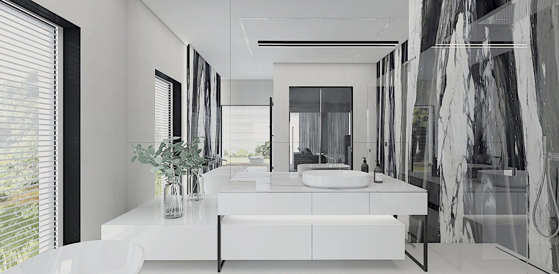Minimalistyczna łazienka z białymi meblami, owalną umywalką, czarno-białą marmurową ścianą i roślinami w szklanych wazonach, widok na zewnątrz przez okno z żaluzjami.