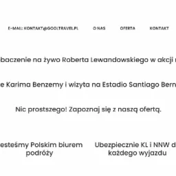 Strona internetowa biura podróży GOOL Travel z logo w kształcie mapy Hiszpanii i hasłami reklamującymi wyjazdy na mecze piłkarskie.