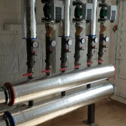 Rozdzielacz instalacji grzewczej z czterema pompami obiegowymi, rury zaizolowane folią aluminiową, widoczne manometry i zawory, tło stanowi ściana z bloczków betonu komórkowego.
