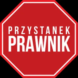 Czerwony znak w kształcie ośmiokąta z białym napisem 'PRZYSTANEK PRAWNIK' na czarnym tle.