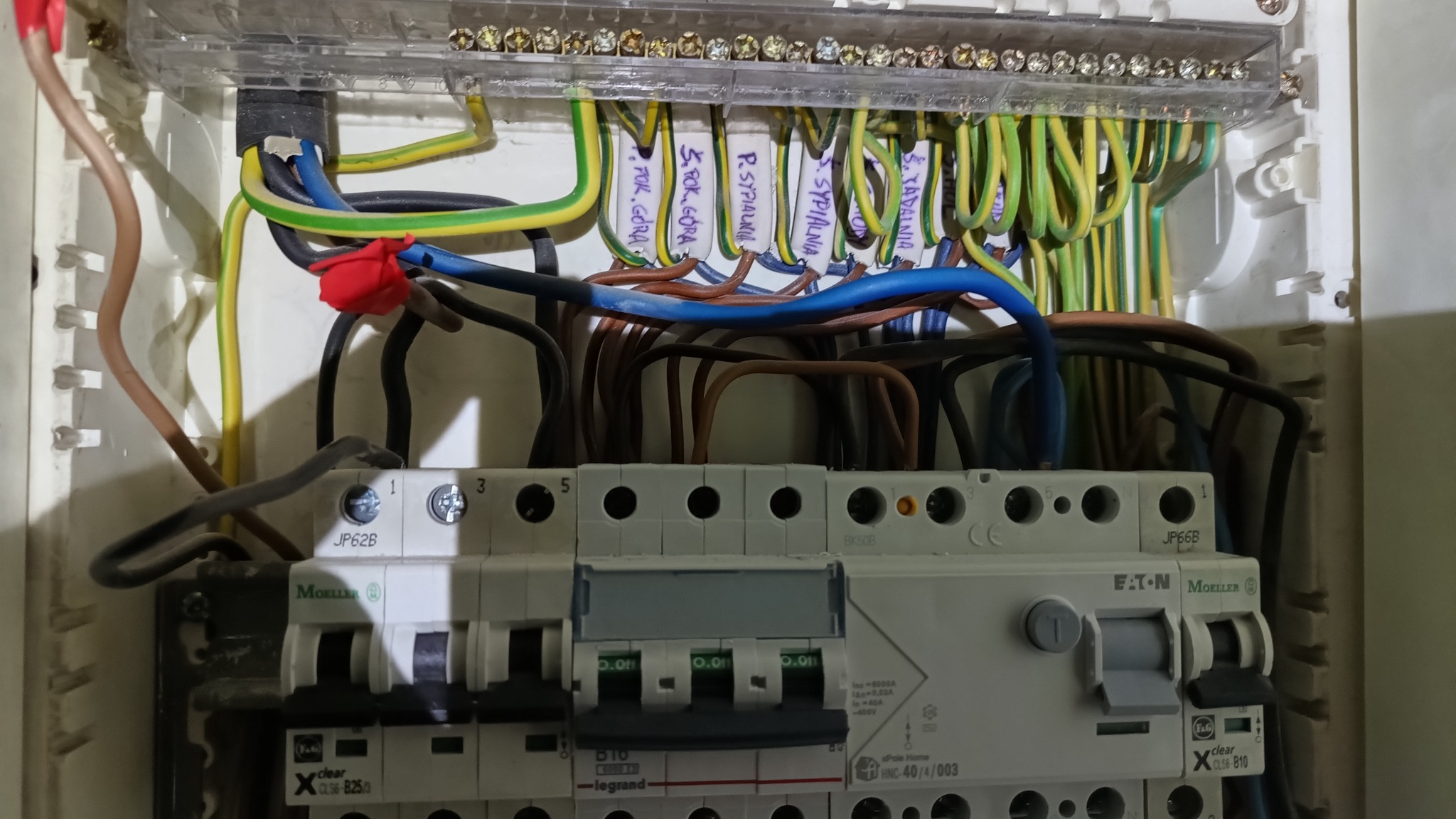 Wnętrze skrzynki elektrycznej z przewodami oznaczonymi nazwami pomieszczeń, bezpieczniki różnych producentów, kable w kolorach brązowym, niebieskim, czarnym i żółto-zielonym, zabezpieczenie...