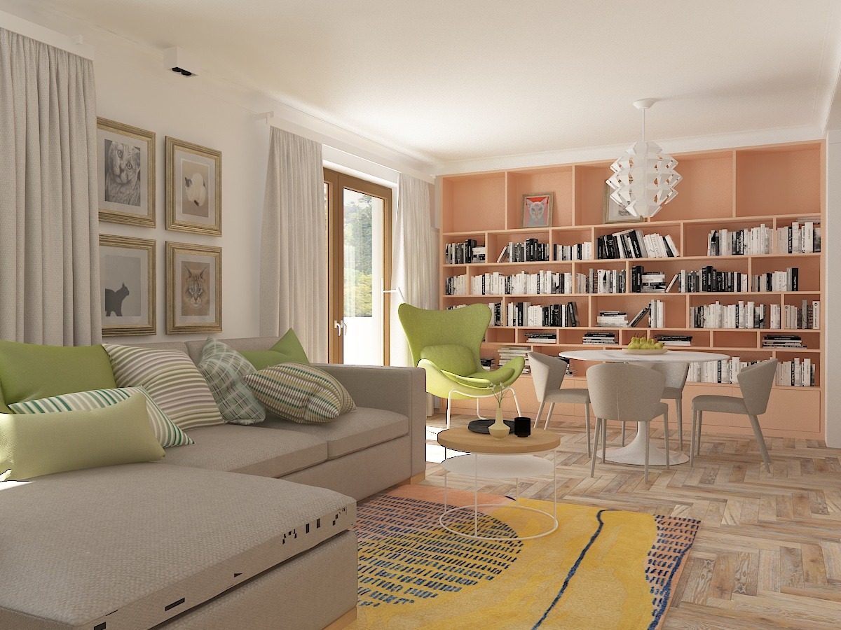 Jasne, przestronne wnętrze salonu z beżową sofą z zielonymi poduszkami, okrągłym stołem jadalnym z szarymi krzesłami i wysokim regałem na książki w odcieniach brzoskwini, oświetlone naturalnym...