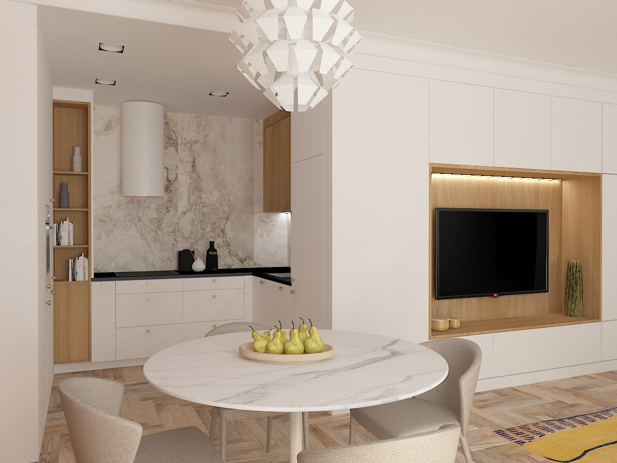 Wnętrze mieszkania z okrągłym stołem z marmurowym blatem i krzesłami w neutralnych kolorach, widok na kuchnię z białymi szafkami i marmurową ścianą oraz zabudowę telewizyjną z podświetleniem LED.