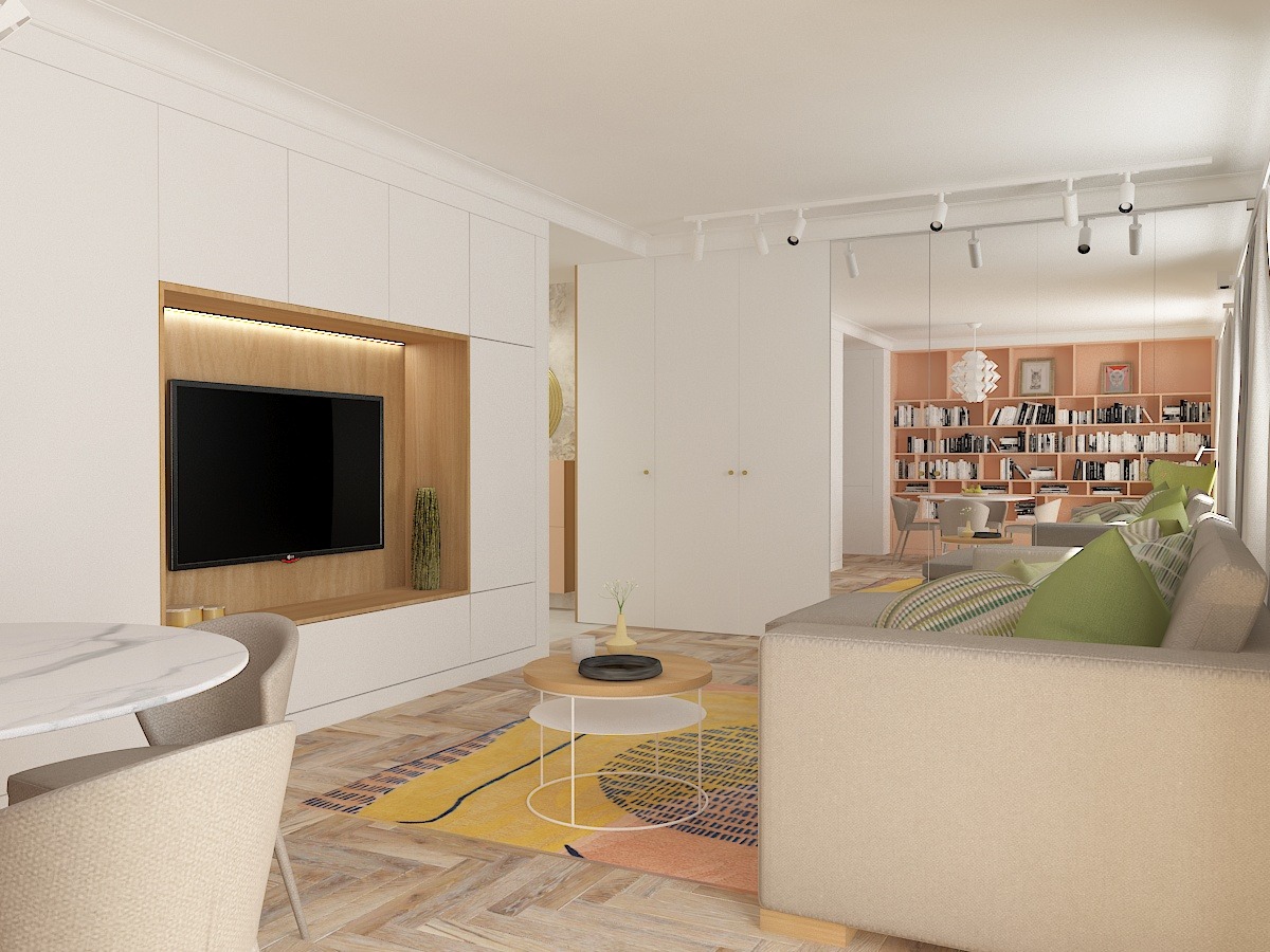 Nowoczesny salon z zabudową meblową w kolorze białym, z wnęką na telewizor podświetloną od wewnątrz, marmurowym stołem i sofą w odcieniach beżu oraz regałem z książkami w tle.