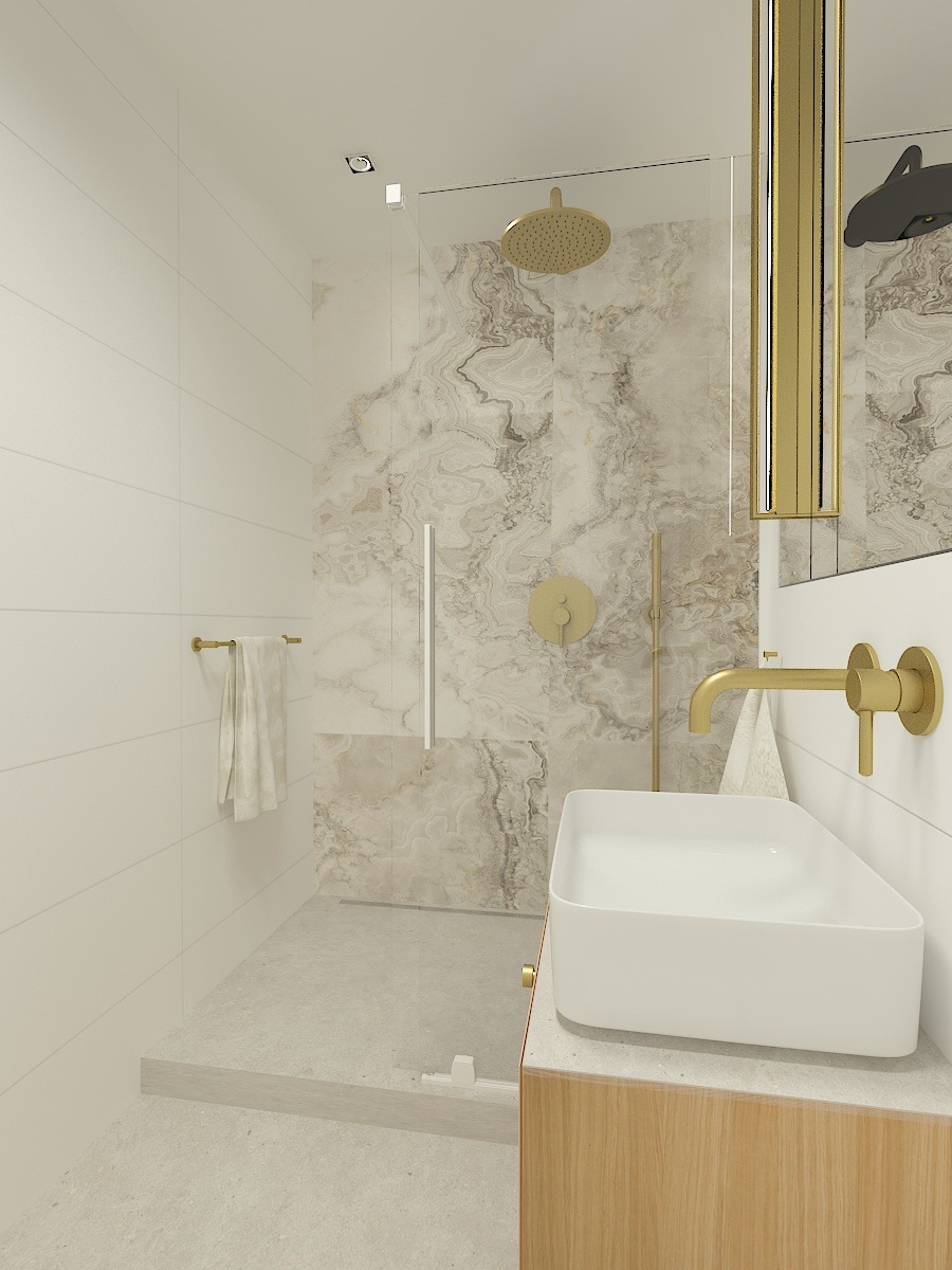 Wizualizacja łazienki z kabiną prysznicową typu walk-in, wykończoną płytami imitującymi marmur, armaturą w kolorze złotym i białą, prostokątną umywalką nablatową.