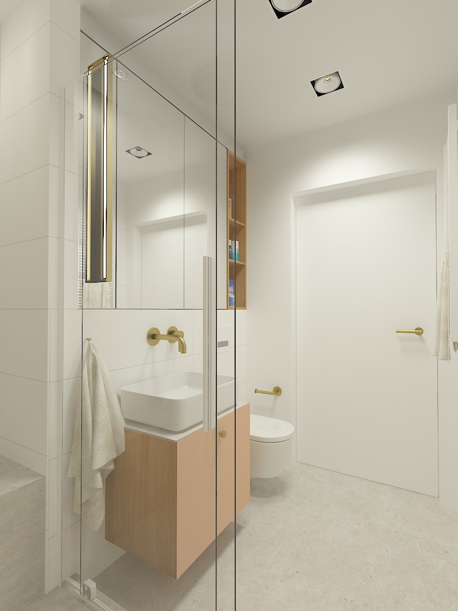Wizualizacja łazienki z kabiną prysznicową ze szklaną ścianką, białą umywalką na szafce w odcieniach drewna i różu, złotą armaturą oraz białymi płytkami na ścianach.