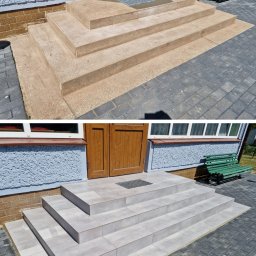 GOLD RENOVATION - Porównanie stanu schodów wejściowych przed i po wyłożeniu szarymi płytkami, z widoczną kratką odpływową i fragmentem elewacji budynku o nierównej fakturze.