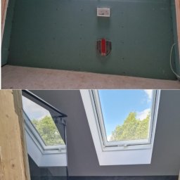 GOLD RENOVATION - Dwuetapowa realizacja remontu łazienki na poddaszu: surowe płyty karton-gips z oknem dachowym w górnej części, oraz wykończona łazienka z kabiną prysznicową, toaletą i szarą glazurą.