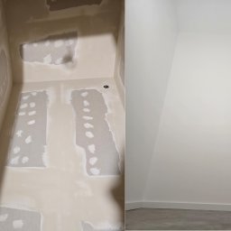 GOLD RENOVATION - Porównanie stanu ściany przed i po wygładzeniu: po lewej surowa ściana z widocznymi łatami, po prawej idealnie gładka, pomalowana na biało ściana z listwą przypodłogową.