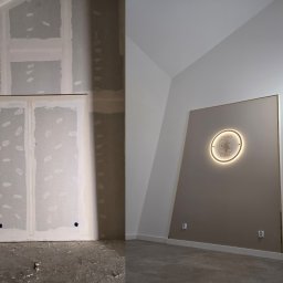 GOLD RENOVATION - Porównanie stanu surowego ściany z płyt kartonowo-gipsowych przed i po wykończeniu, po lewej widoczne łączenia i szpachlowanie, po prawej gotowa ściana z oświetlonym logo firmy.
