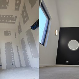 GOLD RENOVATION - Pokój przed i po remoncie: po lewej ściany z widocznymi łączeniami płyt gipsowo-kartonowych, po prawej czarna ściana z okrągłym podświetlanym lustrem i białymi ścianami bocznymi.