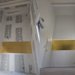 Dwa ujęcia tego samego pokoju: po lewej ściany z płyt kartonowo-gipsowych w trakcie szpachlowania, po prawej pokój po malowaniu na biało z poziomym pasem złotej dekoracji na ścianie.