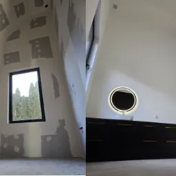 Pokój na poddaszu w trakcie remontu: po lewej ściana z oknem i miejscami nałożoną szpachlą, po prawej wykończona łazienka z czarną szafką pod umywalkę i okrągłym lustrem z podświetleniem LED.