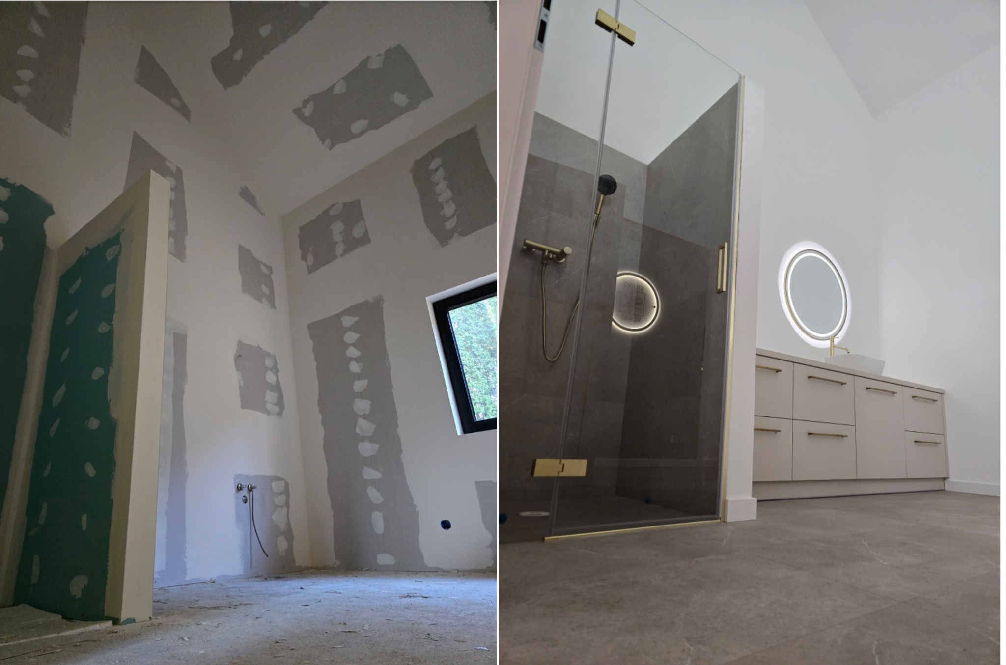 Dwie części zdjęcia: po lewej surowy stan łazienki z widocznymi fragmentami płyt kartonowo-gipsowych na ścianach i suficie, po prawej wykończona łazienka z kabiną prysznicową ze złotymi detalami...