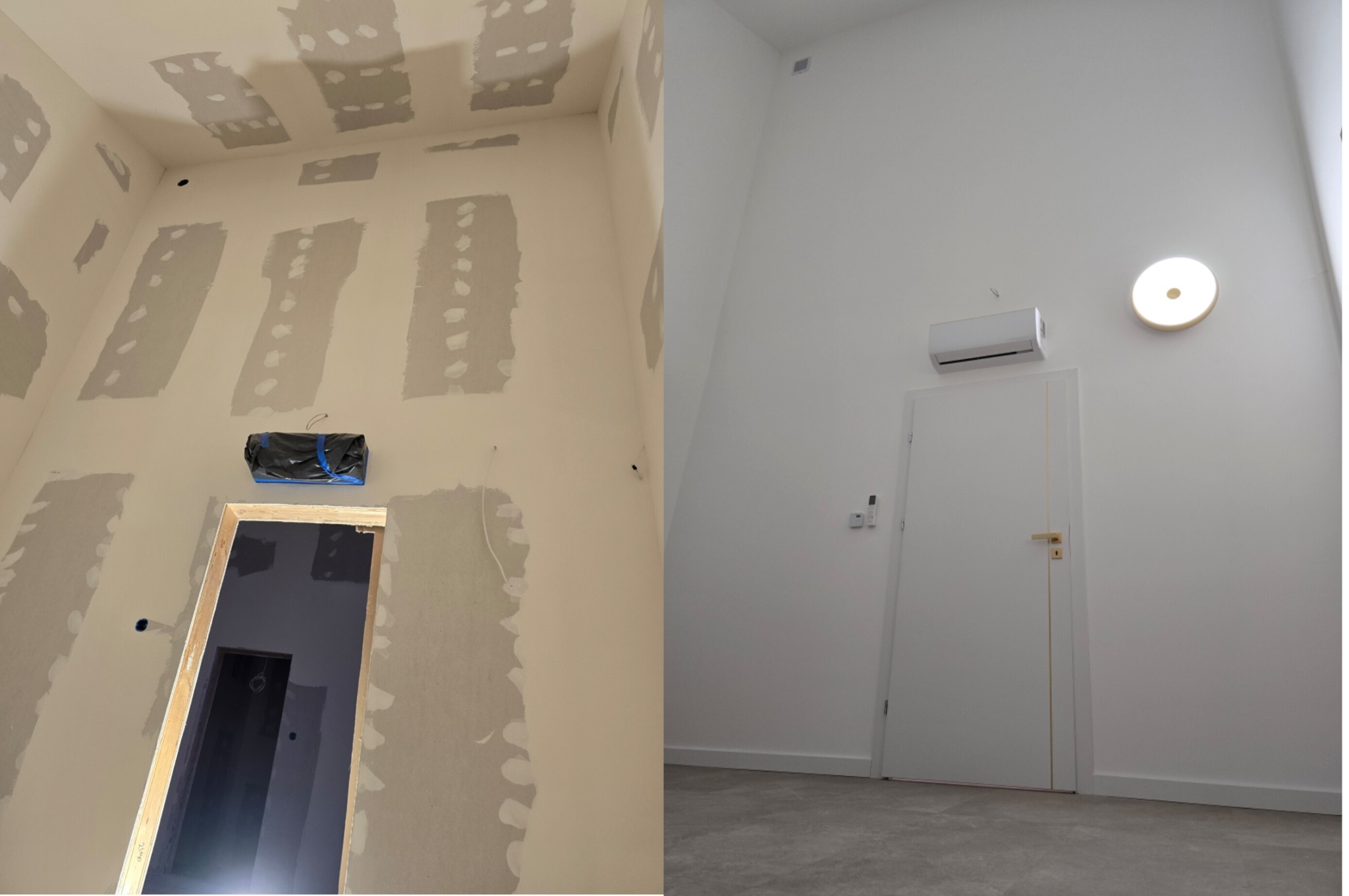Dwa ujęcia wnętrza w trakcie remontu: po lewej ściana z fragmentami wypełnionymi szpachlą, zaklejony otwór drzwiowy, po prawej pomalowana, gładka ściana z drzwiami, klimatyzatorem i okrągłą lampą.