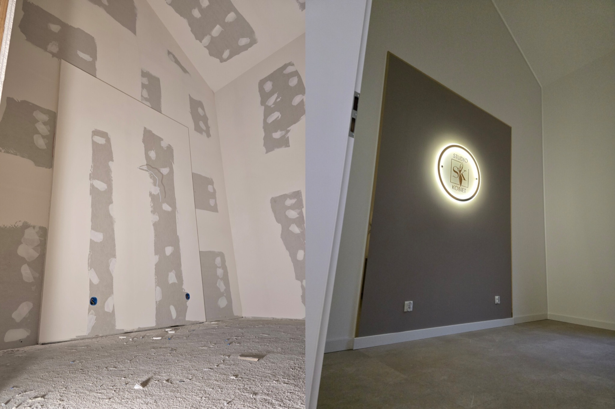 Porównanie stanu surowego pomieszczenia z płytami karton-gips, częściowo zagruntowanymi i z widocznymi śladami szpachlowania, z wykończonym pokojem z szarą ścianą i podświetlanym logo firmy.